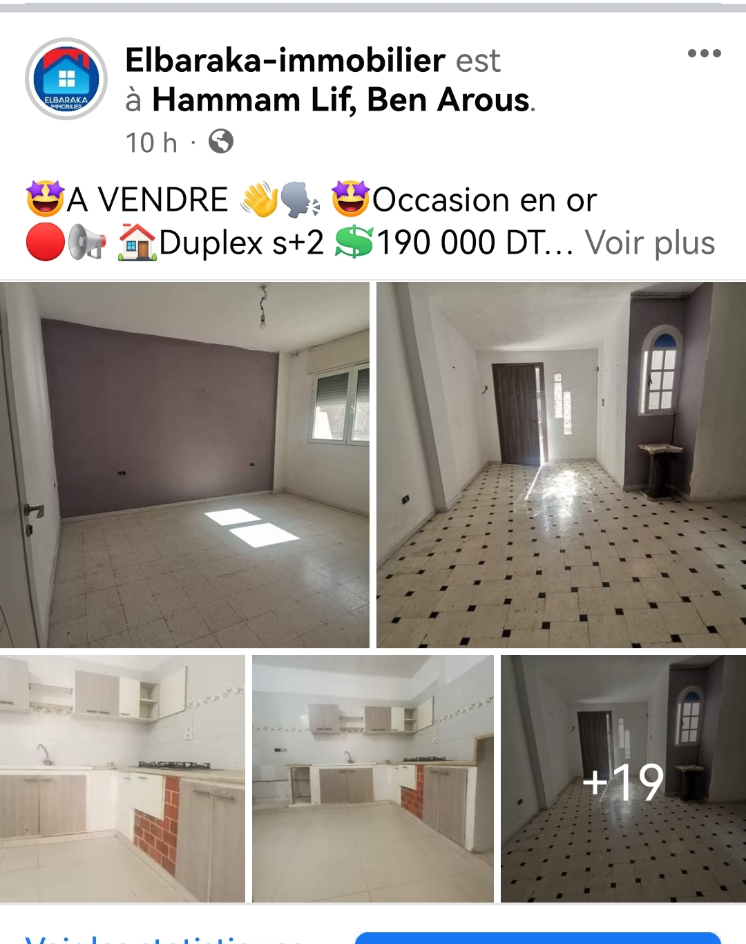 Hammam Lif Bou Kornine Vente Duplex Duplex s2 avec local comercial  190md